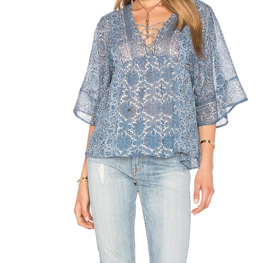 NWT Joie Small Scorpio 100% Silk Blue Lace Up 3/4” Sleeve Peasant Blouse